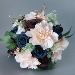Wedding Bouquet Pink Burgundy & Blue Bride Bridal Bridesmaid Bouquets Silk