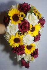 Burgundy Ivory Rose Sunflower Bridal Wedding Bouquet Accessories
