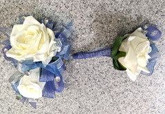 Dusty Blue & Ivory SILK Flower Wrist Corsage & Boutonniere Set, Prom wedding