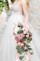 Dusty Pink Peony Wedding Bouquet for Bride & Bridesmaid – 9.8 Inch Decor