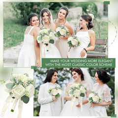 Set of 6 Ivory White Artificial Rose Wedding Bouquets for Bride & Bridesmaids