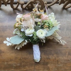 Bridal Wedding Bouquet Hand made Budget Friendly Faux Flowers White Pink Green