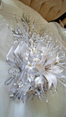 Luxury Wedding Cascade, White & Silver,Glass Crystals,Porcelain Roses,Satin-Beau