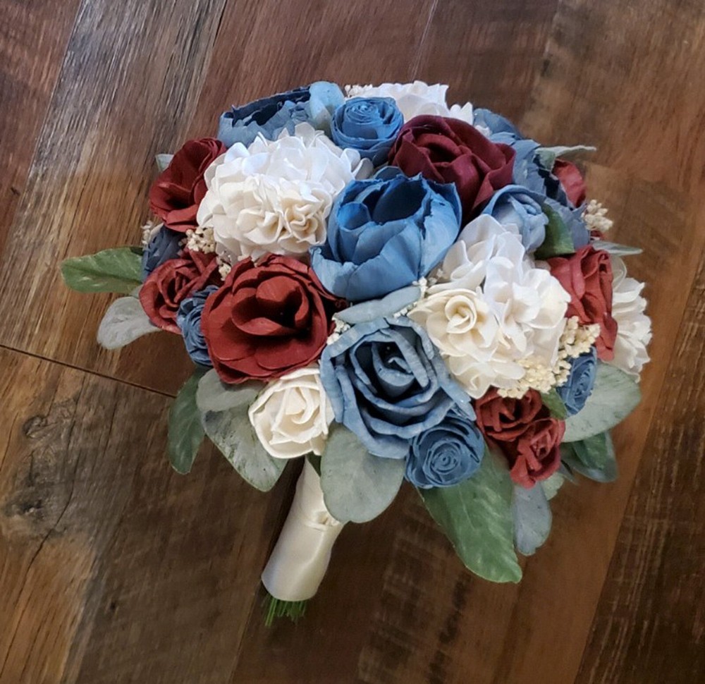 Dusty Blue & Burgundy Bridal Bouquet Sola Wood Hydrangea Wedding Peony Flowers