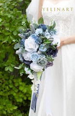10 Inch Dusty Blue Wedding Bouquets for Bride Artificial Roses Flower Cascading