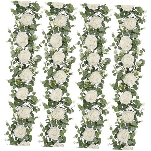 4Pcs 26Ft Artificial Eucalyptus Garlands with Flowers – 8 4 Pcs White Rose