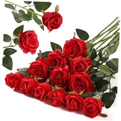 12PCS Artificial Silk Flowers Realistic Roses Bouquet 6 Flowers 6 Buds Red