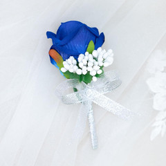 2Pcs Blue Rose Corsage and Boutonniere Set, Corsage Wristlet Band for Prom Suit