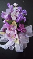 CORSAGE>PIN>LAVENDER>ROSES/TULIPS>SHEER LAVENDER RIBBONS>
