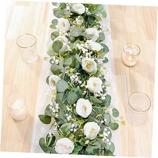 2 Pack 13Ft Artificial Eucalyptus Flower Garland with Roses, Fake 2PCS White