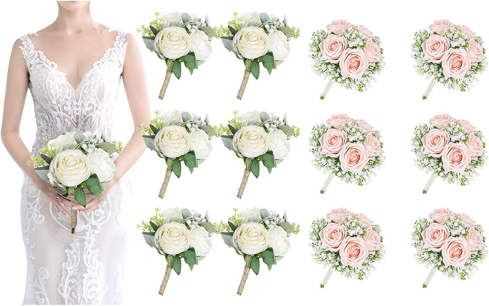 Set of 6 White & 6 Peach Pink Artificial Bridesmaid Bouquets for Weddings