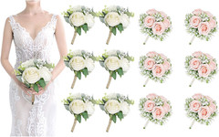 Set of 6 White & 6 Peach Pink Artificial Bridesmaid Bouquets for Weddings