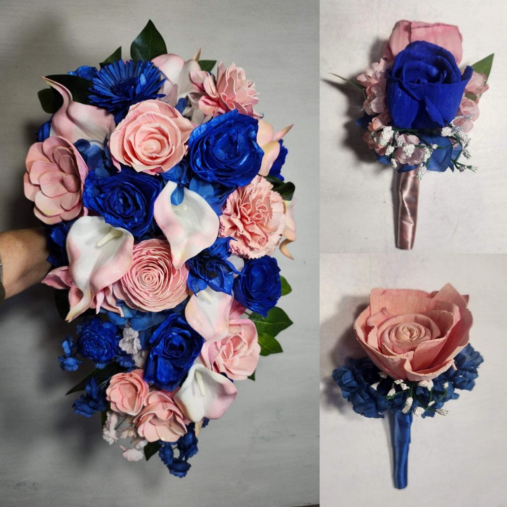 Pastel Pink Peach Royal Blue Rose Calla Lily Sola Bridal Wedding Bouquet Accesso