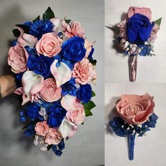 Pastel Pink Peach Royal Blue Rose Calla Lily Sola Bridal Wedding Bouquet Accesso