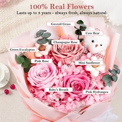 Shearly Preserved Flowers Bouquet with Bear, Forever Gift Pink