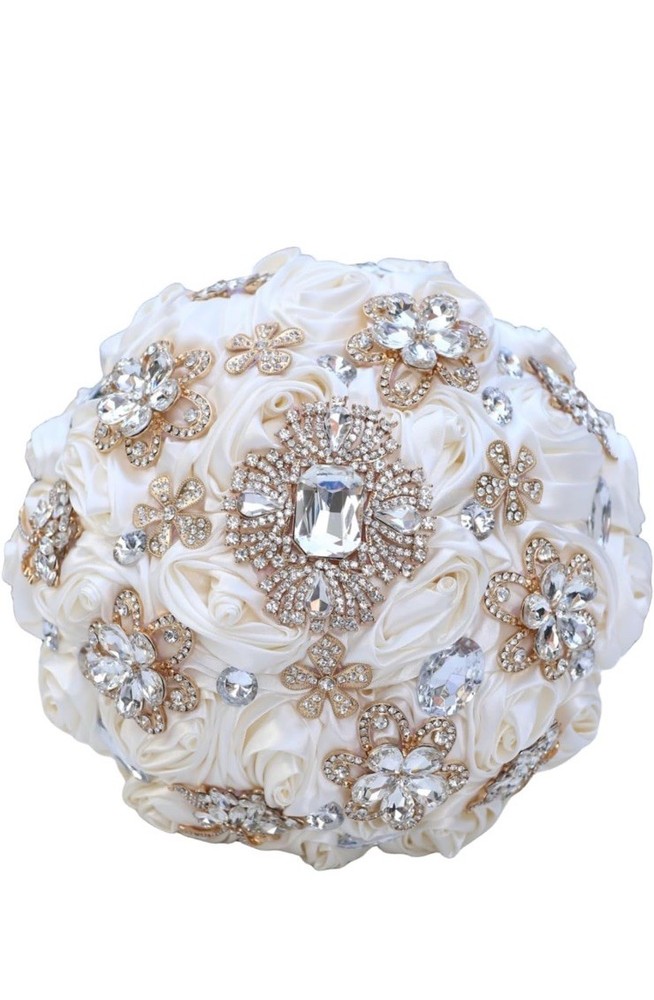 Hmplimue Handmade Ivory Silk Rose Bridal Bouquet 7.5” w/Rhinestones