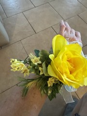 Prom Wrist Corsage & Bout Yellow Rose & Fillers, White Bow. Perfect For Prom.