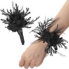 Corsage and Boutonniere Set – Black Wristlet for Men Prom Dark Wrist Corsage for