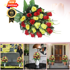 Hibsotco Artificial Cemetery Flowers with Vases 2 Sets 19 inches, Red Yellow