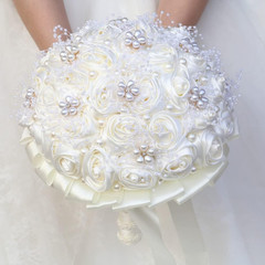 Ivory Handmade Bridal Bouquet with Rhinestones & Satin Roses – 8.7 In