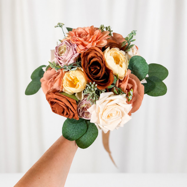 Burnt Orange Mauve Silk Rose Bridal Bouquet Boutonniere Wedding Set Decor