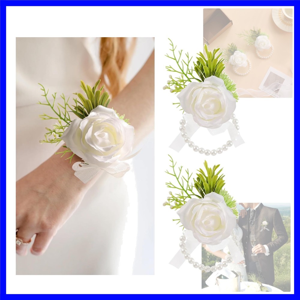 2pcs Wedding White Rose Wrist Flowers Artificial Rose Flowers for Ceremony Pr…