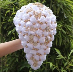 Waterfall Wedding Bouquet Luxury Silk Rose Cascading Flower Bunch Gold Diamonds