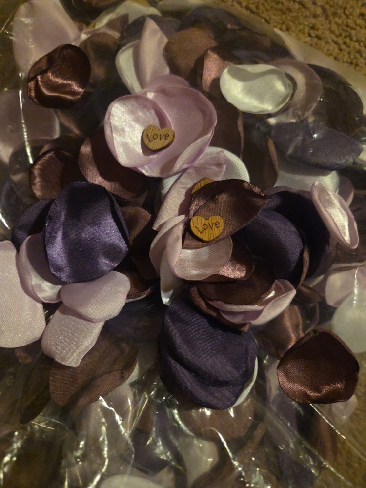 Purple, White, & Dark Purple Silk Flower Petals With Wooden Hearts That Say Love