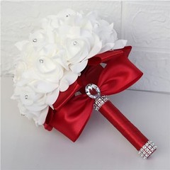 Wedding Bouquet, Crystal Diamond Silk Roses, Bride Bridal Hand Roses, 7″ x Red