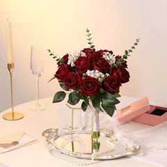 12PCS Artificial Flowers Fake Roses, Realistic Velvet Long Stem Red Roses Wine