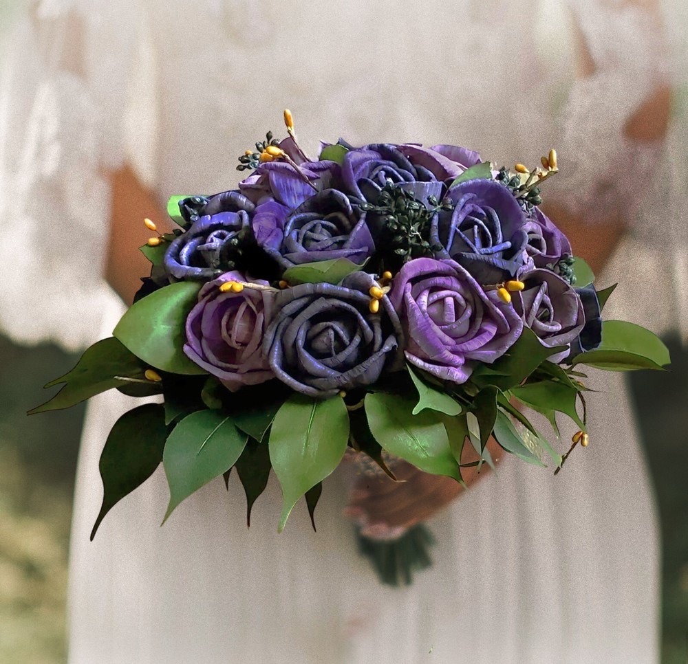 Purple Rose Bridal Bouquet Sola Wood Flower Bridesmaid Wedding Decor Bouquet