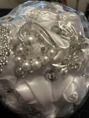 White Satin Rose Rhinestone Bridal Bouquet – New Sealed Wedding Bouquet
