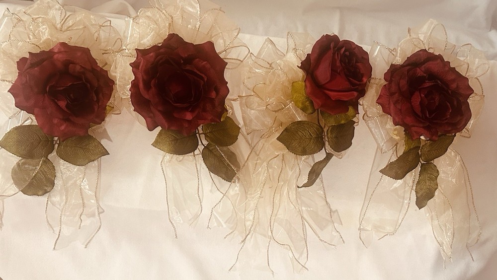 16 pc Artificial Rose Pomander/Wedding Décor / Ribbon, Burgundy/Gold w/Pew Clips