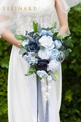 10 Inch Dusty Blue Wedding Bouquets for Bride Artificial Roses Flower Cascading