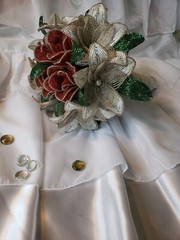 Beaded Flower Wedding Bridal Bouquet With Red White & Silver Handmade Flowers