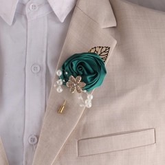 Handcrafted Gold Satin Rose Corsage, Crystal Flower & Pearl Accents, Emerald Gre