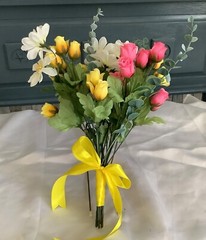 Pink and yellow rosebud with daisies and eucalyptus bridal bouquet