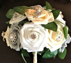 Silver, White & Cream Rose Bridal Bouquet Rhinestone & Pearl Brooch Decoration