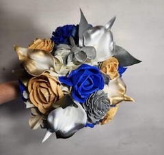 Royal Blue Silver Gold Rose Calla Lily Sola Bridal Wedding Bouquet Accessories