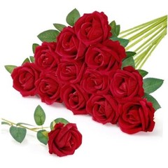 Classic Artificial Roses Flowers, Faux Long Stem Silk Roses Bulky for 12 Red