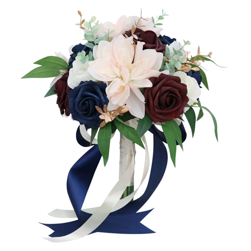 Wedding Bouquet Pink Burgundy & Blue Bride Bridal Bridesmaid Bouquets Silk