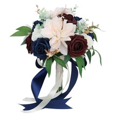 Wedding Bouquet Pink Burgundy & Blue Bride Bridal Bridesmaid Bouquets Silk