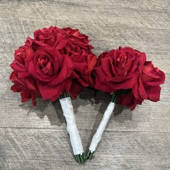 Red Rose Bridal Bouquet with Flower Girl bouquet – Both Wrapped in White Ribbon