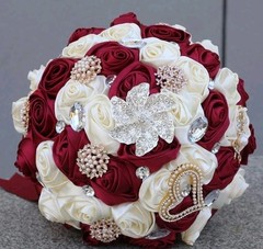 Dark Red Ivory Bridal Bouquet Big Rhinestones Silk Hold Bouquet Luxury Brooch
