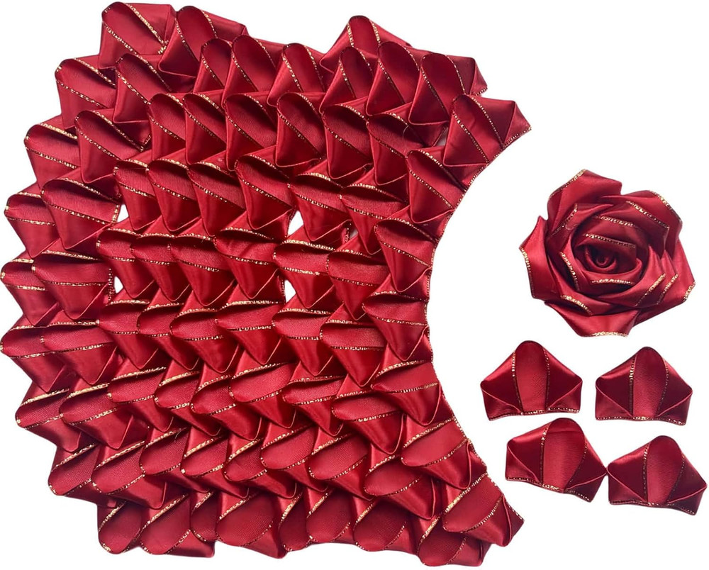 100 Pcs Gold Edge Silk Ribbon Rose Petals Pre-Made Glitter Shimmering Flowers fo