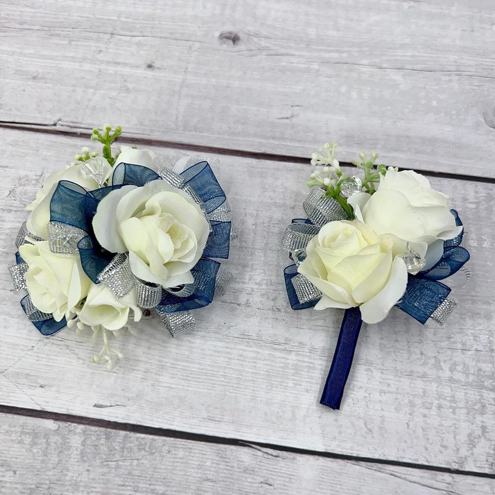 Ansuma Ivory Rose Flower Wrist Corsage Boutonniere Set Bridesmaid Wrist
