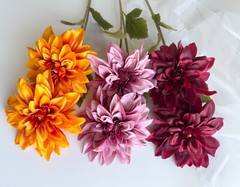 Dahlia Flower Stems Faux Silk Flowers Orange Mauve Burgundy Floral Spray x 1