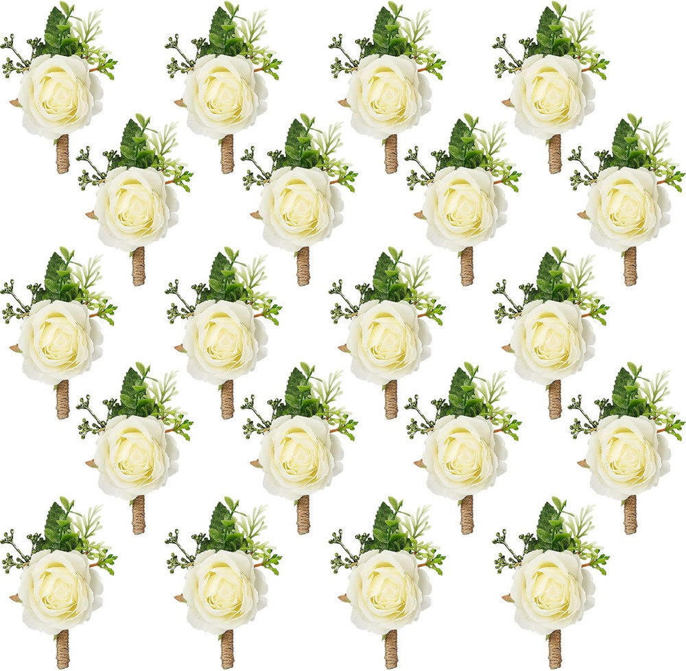 36 Pcs White Artificial Rose Boutonnieres for Weddings & Special Events