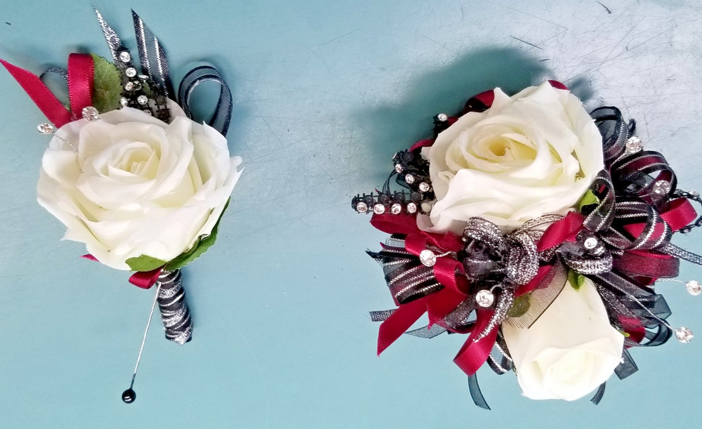 Burgundy & Ivory SILK Flower Wrist Corsage & Boutonniere Set, Prom wedding