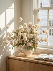 9pcs Fake Flowers Silk Mini Mums with Stems, Faux Chrysanthemum Pompon Beige